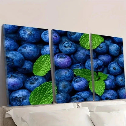 3pcs Fresh Blueberries with Mint Leaves Wall Art Set Canvas Framed 50x70cm - High Quality Print 100% Australian Made Wall Canvas Ready to Hang - Bella Home Decor