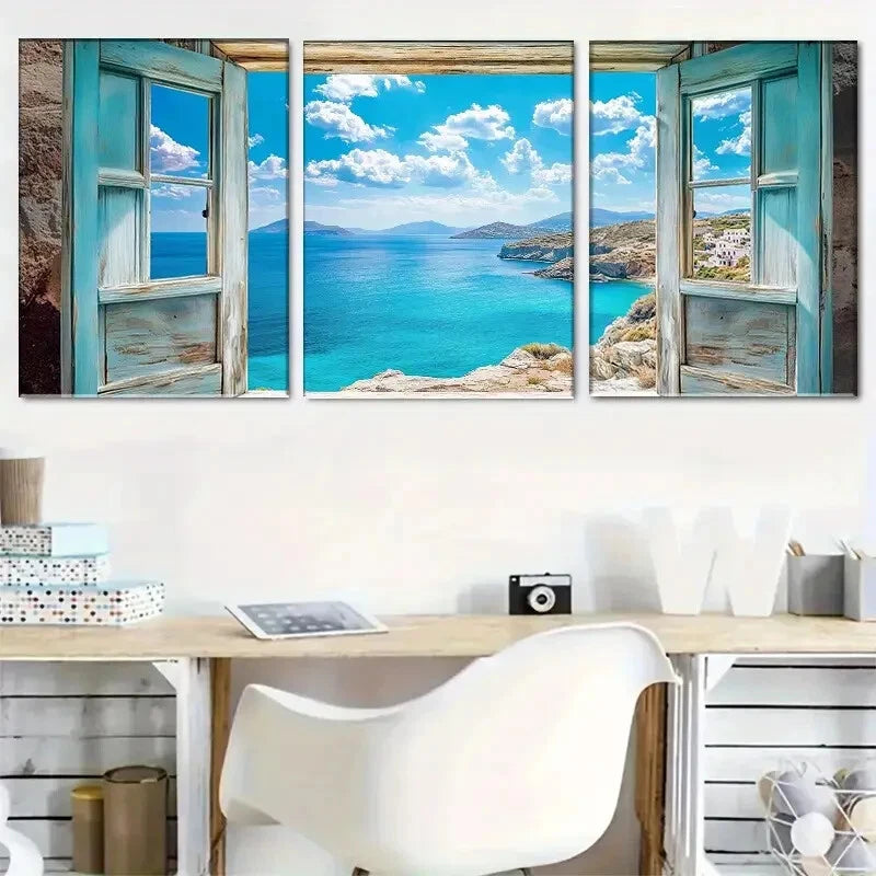 3pcs Coastal Blue Ocean Window Scene Metal Print Ready to Hang Art - Bella Home Decor