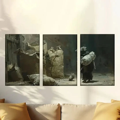 3pcs Rats in the Rice Barn, Detailed Realism Love Wall Art Canvas Unframed - High Quality Print 100% Australian Made Wall Canvas