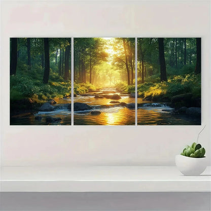 3pcs Vibrant Natural Scene Forest Stream Metal Print Ready to Hang Art - Bella Home Decor