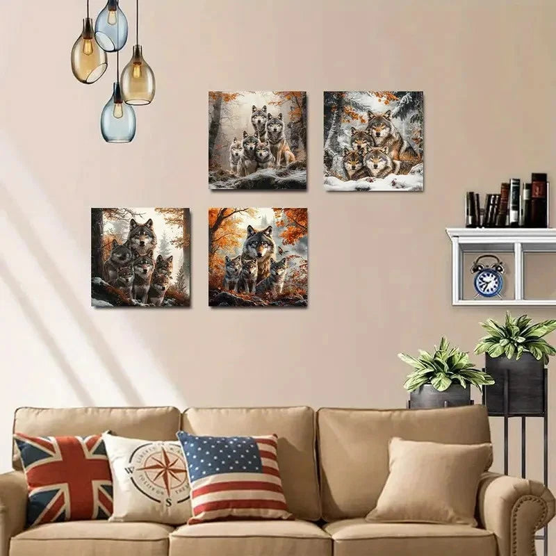 4pcs Wolf Family Animal Wall Art Canvas Framed