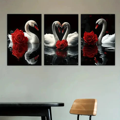 3pcs three white swans with red roses Wall Art Set Canvas Unframed - High Quality Print 100% Australian Made Wall Canvas - Bella Home Decor