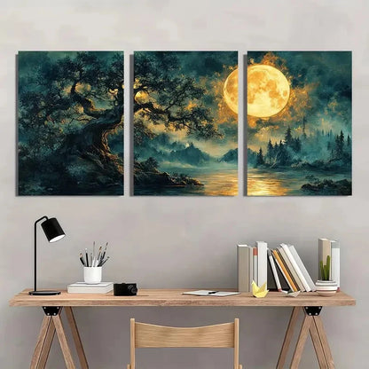 3pcs Enchanting Night Scene with Full Moon Metal Print Ready to Hang Art - Bella Home Decor
