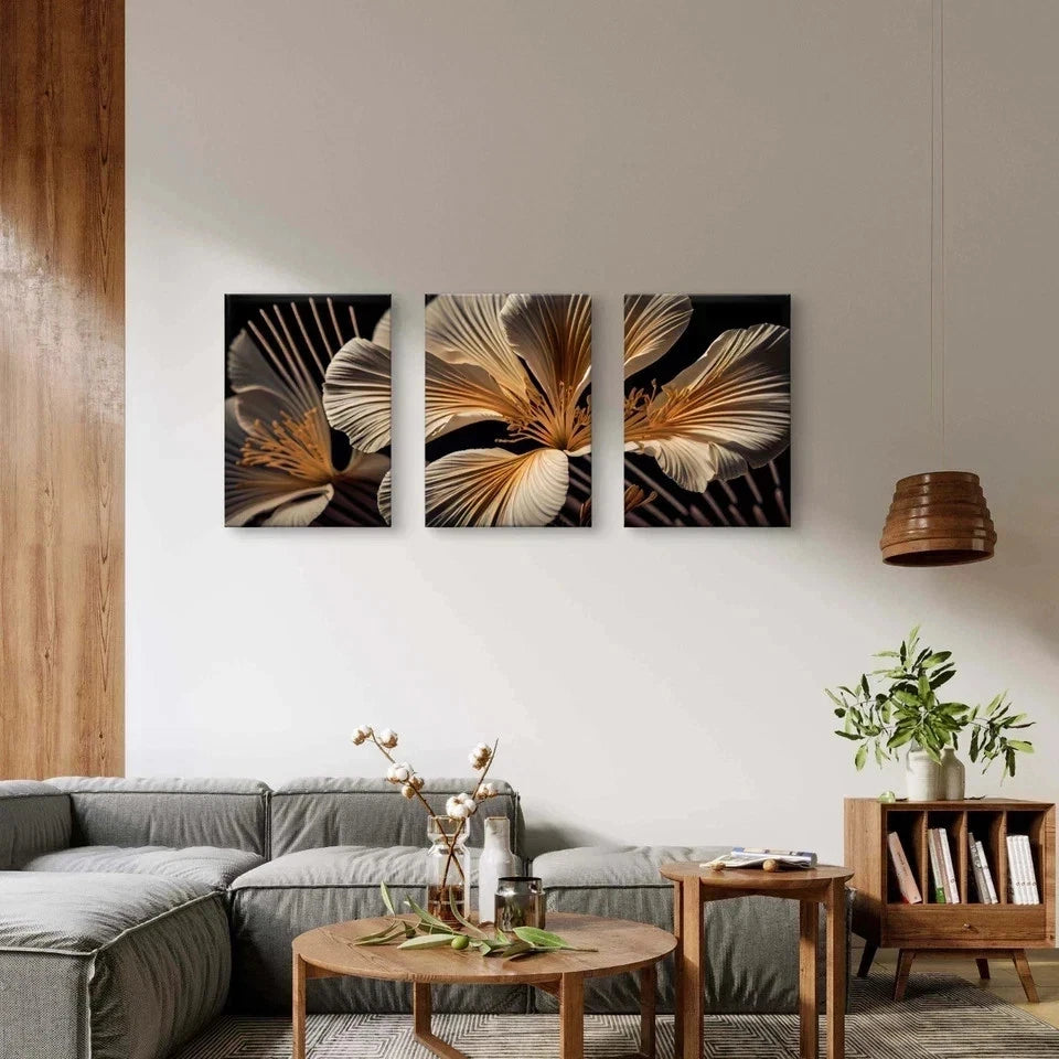 3pcs Elegant Gold and White Floral Wall Art Set Canvas Framed 50x70cm - High Quality Print 100% Australian Made Wall Canvas Ready to Hang
