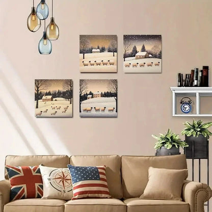 4pcs Festive Sheep & Snowfall Themed Wall Art Canvas Framed