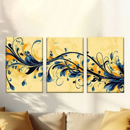 3pcs  blue and yellow floral design on a yellow  Wall Art Set Canvas Framed 50x70cm - High Quality Print 100% Australian Made Wall Canvas Ready to Hang - Bella Home Decor