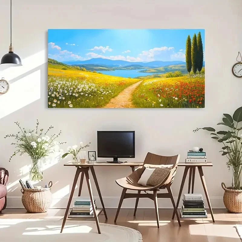 Abstract Floral Mountain Lake Wall Art Canvas Office Home Room Framed 120x60cm - Bella Home Decor