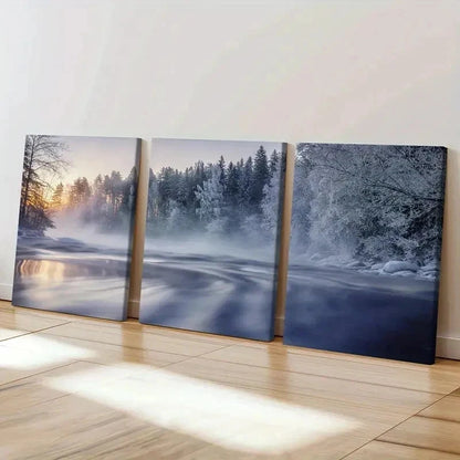 3pcs Snowy Forest Misty Landscape Serene River Wall Art Set Canvas Framed 60x90cm - High Quality Print 100% Australian Made Wall Canvas Ready to Hang