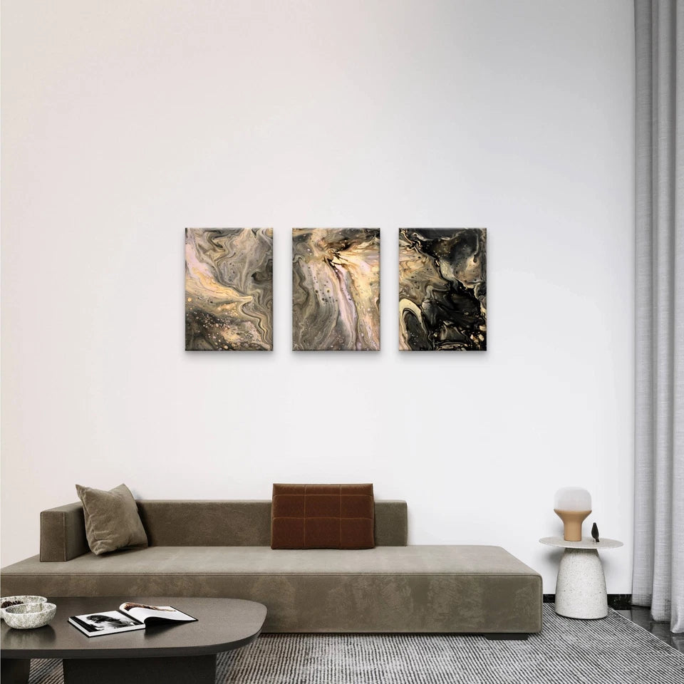 3pcs Black & Beige Fluid Pour Abstract Art Wall Art Set Canvas Framed 50x70cm - High Quality Print 100% Australian Made Wall Canvas Ready to Hang