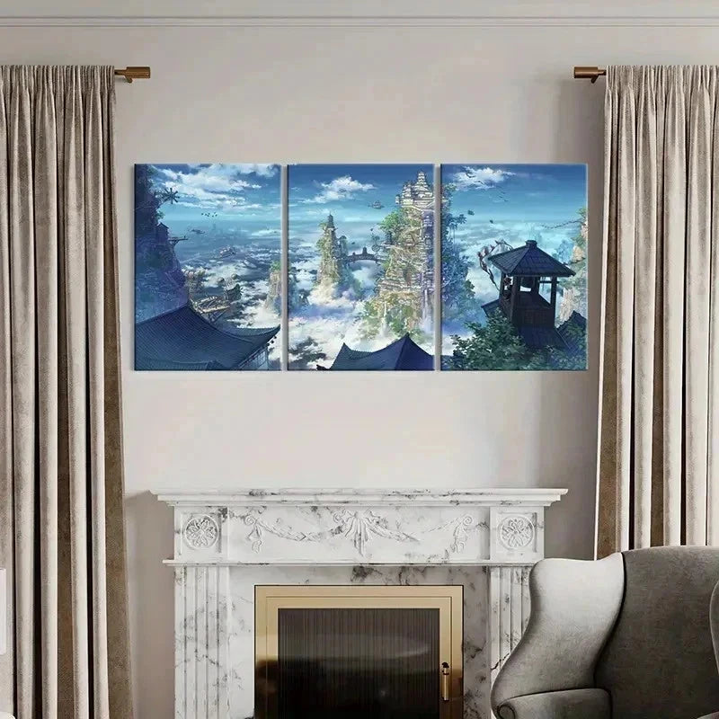 3pcs Japanese Anime Landscape Game Scene Wall Art Set Canvas Framed 50x70cm - High Quality Print 100% Australian Made Wall Canvas Ready to Hang