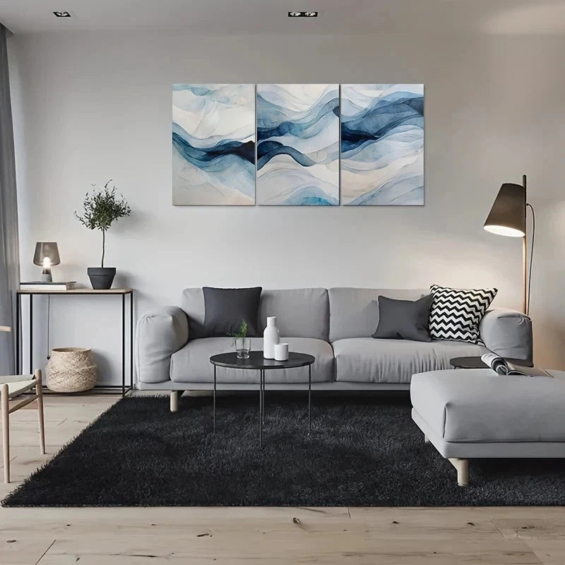 3pcs Abstract Watercolor Blue & White Waves Metal Print Ready to Hang Art - Bella Home Decor