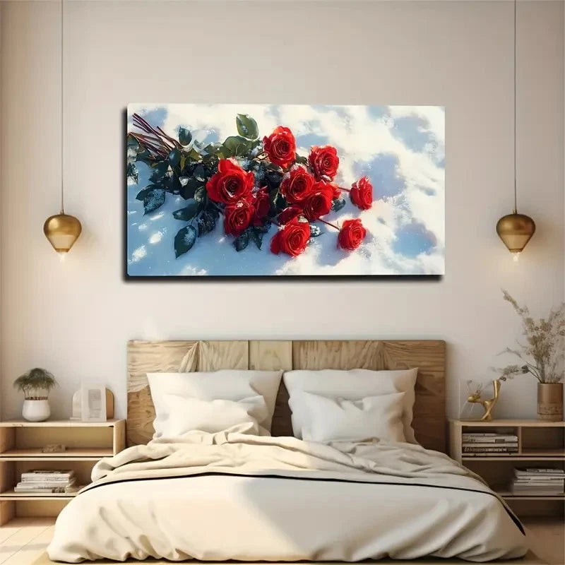 Snowy Petals And Green Leaves Wall Art Canvas Office Home Room Framed 120x60cm