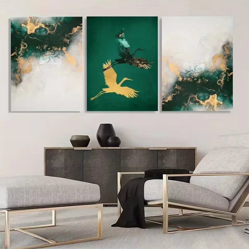 3pcs Jade Green and Golden Fluid Ink Abstract  Wall Art Set Canvas Framed 40x60cm - High Quality Print 100% Australian Made Wall Canvas Ready to Hang
