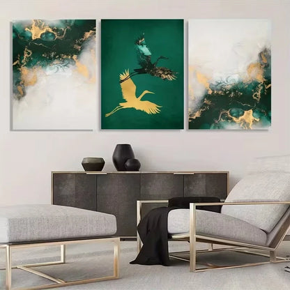 3pcs Jade Green and Golden Fluid Ink Abstract  Wall Art Set Canvas Framed 40x60cm - High Quality Print 100% Australian Made Wall Canvas Ready to Hang