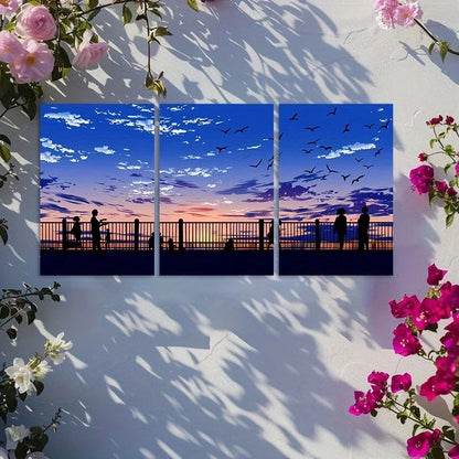 3pcs Anime Sky with Clouds and Silhouettes Metal Print Ready to Hang Art - Bella Home Decor