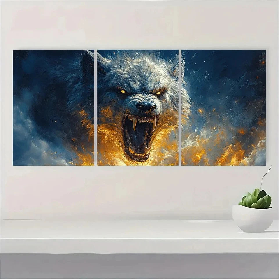 3pcs Halloween Werewolf Snarling Triptych Metal Print Ready to Hang Art - Bella Home Decor