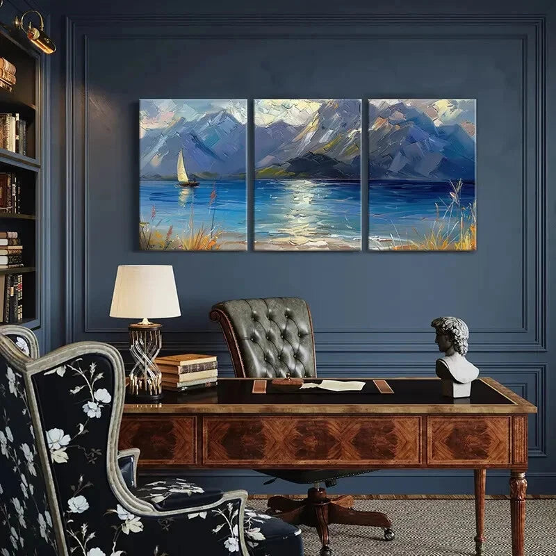 3pcs Sailboat Mountain Range Blue Waters Metal Print Ready to Hang Art - Bella Home Decor