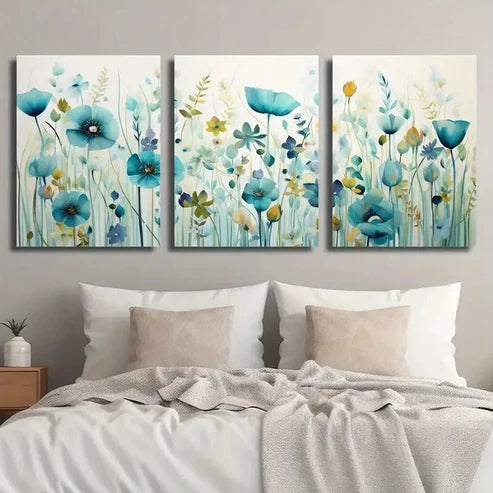 3pcs Beautiful Light Blue Wildflower Field Wall Art Set Canvas Unframed - High Quality Print 100% Australian Made Wall Canvas - Bella Home Decor