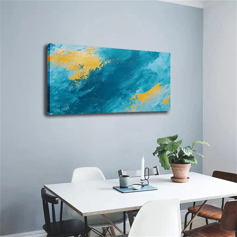 Bright Yellow Strokes Turquoise Wall Art Canvas Office Home Room Framed 120x60cm - Bella Home Decor