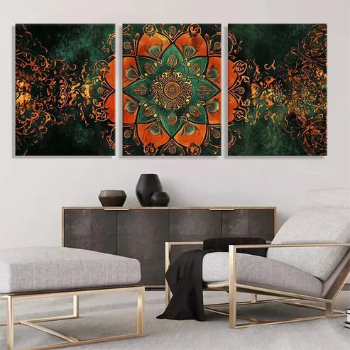3pcs Orange and Green Mandala Flower Wall Art Canvas Unframed - High Quality Print 100% Australian Made Wall Canvas