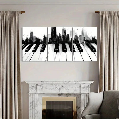 3pcs Black And White Modern Cityscape Piano Key   Wall Art Set Canvas Framed 60x90cm - High Quality Print 100% Australian Made Wall Canvas Ready to Hang - Bella Home Decor