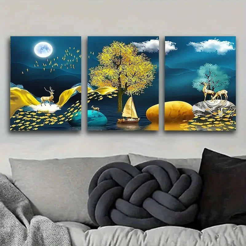 3pcs Surreal Moonlit Wall Art Set Canvas Framed 40x60cm - High Quality Print 100% Australian Made Wall Canvas Ready to Hang
