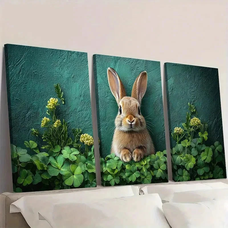 3pcs Bunny & Shamrock Green Clover and Rabbit Wall Art Set Canvas Framed 40x60cm - High Quality Print 100% Australian Made Wall Canvas Ready to Hang - Bella Home Decor