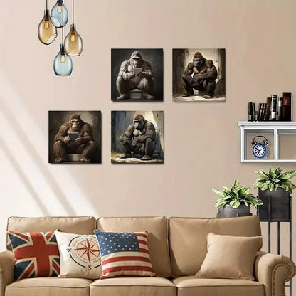 4pcsFunny Gorilla in the BathroomWall Art Canvas Framed