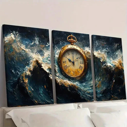 3pcs Rising Seawater Antique Watch  Wall Art Canvas Unframed - High Quality Print 100% Australian Made Wall Canvas - Bella Home Decor