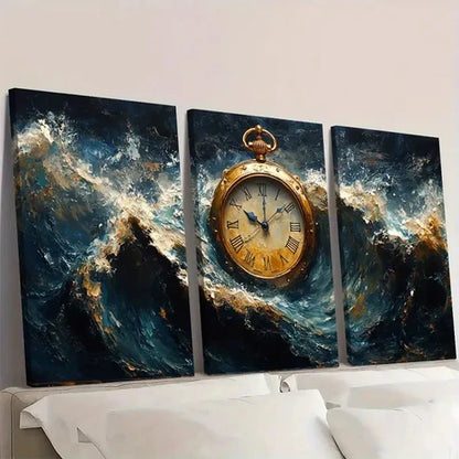 3pcs Rising Seawater Antique Watch  Wall Art Canvas Unframed - High Quality Print 100% Australian Made Wall Canvas - Bella Home Decor