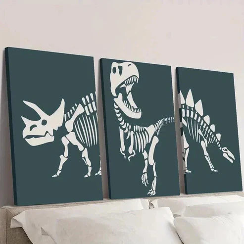 3pcs Dinosaur Triceratops Skeleton Outline Wall Art Set Canvas Unframed - High Quality Print 100% Australian Made Wall Canvas - Bella Home Decor