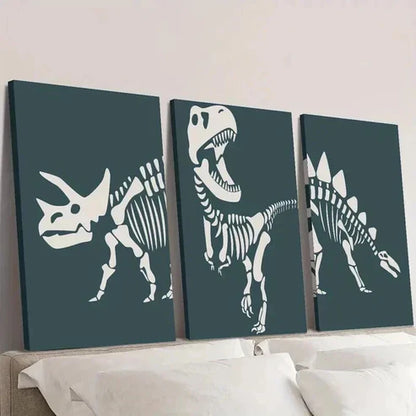 3pcs Dinosaur Triceratops Skeleton Outline Wall Art Set Canvas Unframed - High Quality Print 100% Australian Made Wall Canvas - Bella Home Decor