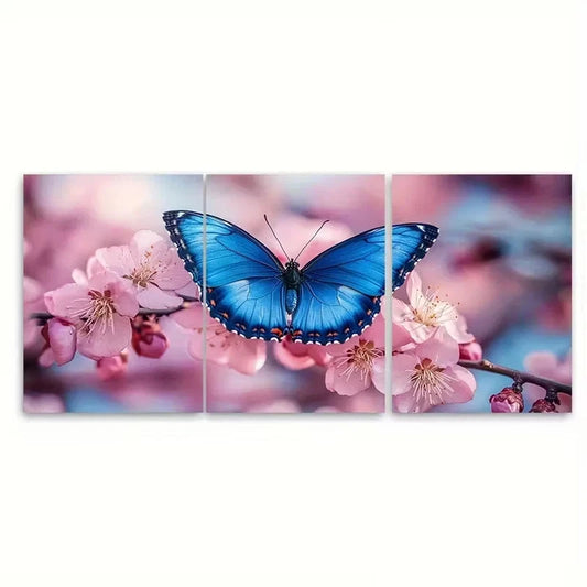 3pcs Curious Blue Butterfly on Apricot Blossoms Wall Art Set Canvas Framed 50x70cm - High Quality Print 100% Australian Made Wall Canvas Ready to Hang