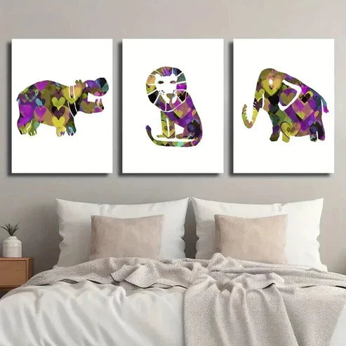 3pcs Abstract Hippo Lion Zebra Elephant Wall Art Canvas Unframed - High Quality Print 100% Australian Made Wall Canvas - Bella Home Decor
