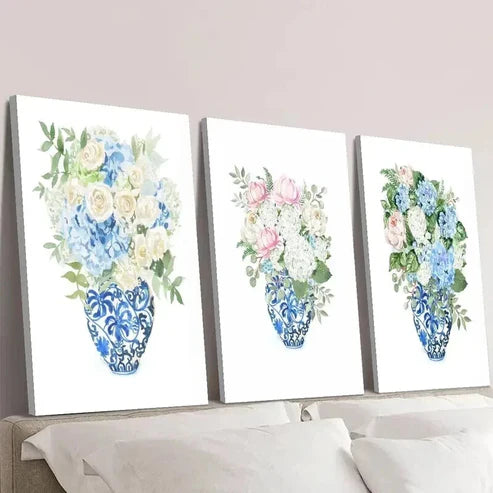 3pcs Blue And White Porcelain Vase And Flower Wall Art Canvas Unframed - High Quality Print 100% Australian Made Wall Canvas - Bella Home Decor