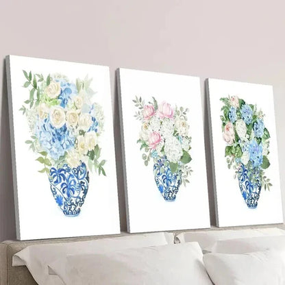 3pcs Blue And White Porcelain Vase And Flower Wall Art Canvas Unframed - High Quality Print 100% Australian Made Wall Canvas - Bella Home Decor