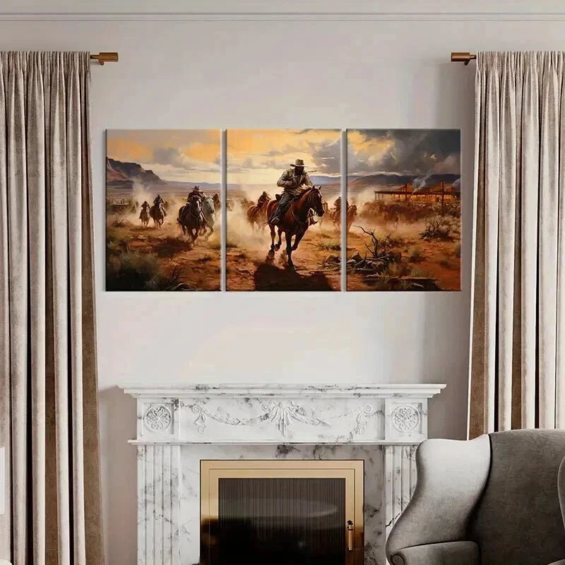 3pcs Landscape with Cowboy on Horseback Wall Art Set Canvas Framed 50x70cm - High Quality Print 100% Australian Made Wall Canvas Ready to Hang - Bella Home Decor