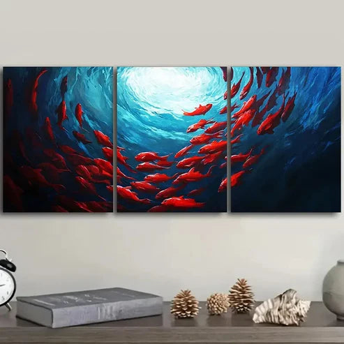 3pcs Colorful Red Fish Spiraling in the Perfect Wall Art Set Canvas Unframed - High Quality Print 100% Australian Made Wall Canvas - Bella Home Decor