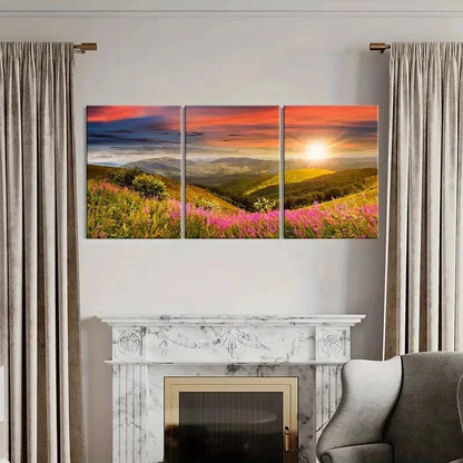 3pcs Mountain Wildflowers and Sunset Wall Art Set Canvas Framed 60x90cm - High Quality Print 100% Australian Made Wall Canvas Ready to Hang - Bella Home Decor