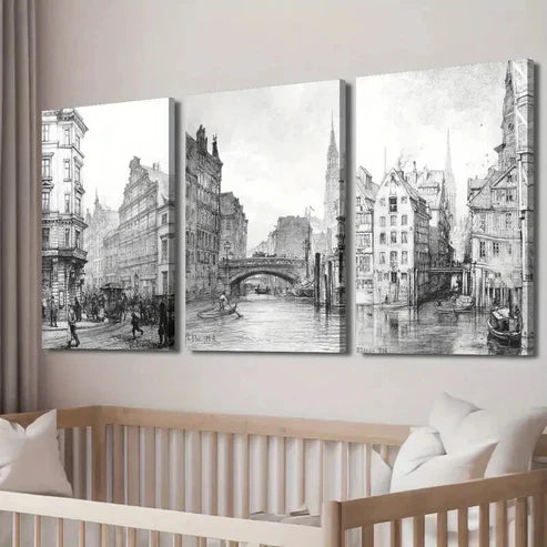 3pcs Architectural Sketch City and Waterway Wall Art Canvas Unframed - High Quality Print 100% Australian Made Wall Canvas - Bella Home Decor