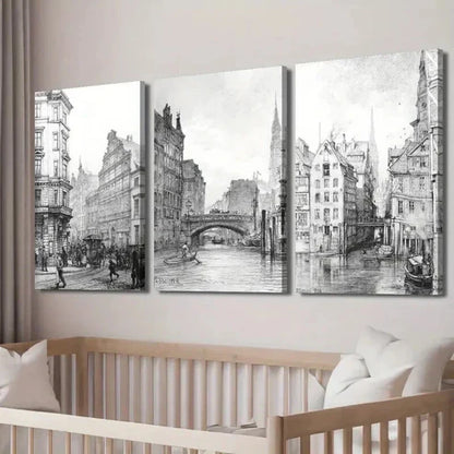 3pcs Architectural Sketch City and Waterway Wall Art Canvas Unframed - High Quality Print 100% Australian Made Wall Canvas - Bella Home Decor