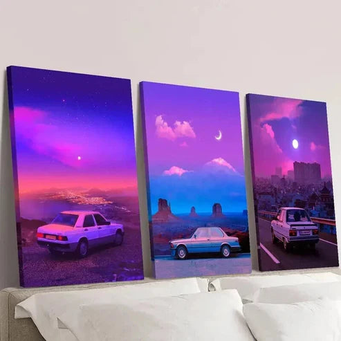 3pcs Classic Cars Moonlit Nights & Vibrant Skies Wall Art Canvas Unframed – High Quality Print 100% Australian Made Wall Canvas - Bella Home Decor
