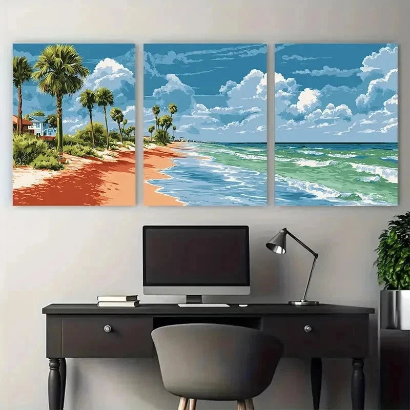 3pcs Tropical Palm Trees & Ocean Waves Perfect Wall Art Set Canvas Framed 50x70cm - High Quality Print 100% Australian Made Wall Canvas Ready to Hang