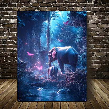 Dreamlike Elephant Scene in Magical Forest Painting 40x60cm Metal Print Ready to Hang - Bella Home Decor