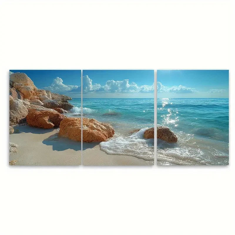 3pcs Sparkling Water Over Rocks on Sandy CZ   Wall Art Set Canvas Framed 50x70cm - High Quality Print 100% Australian Made Wall Canvas Ready to Hang