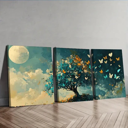 3pcs Butterfly Tree Design Durable Luxury Moon Wall Art Set Canvas Unframed - High Quality Print 100% Australian Made Wall Canvas - Bella Home Decor