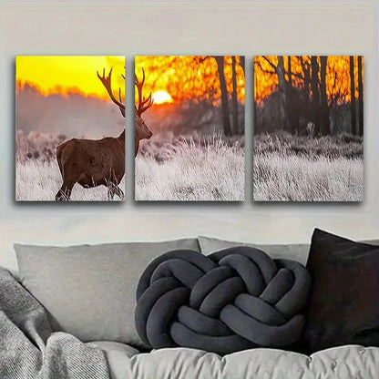 3pcs Golden Hour Deer in Forest Wall Art Set Canvas Framed 60x90cm - High Quality Print 100% Australian Made Wall Canvas Ready to Hang - Bella Home Decor
