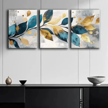 3pcs Abstract Leaves Golden And Teal Perfect Wall Art Canvas Unframed – High Quality Print 100% Australian Made Wall Canvas - Bella Home Decor