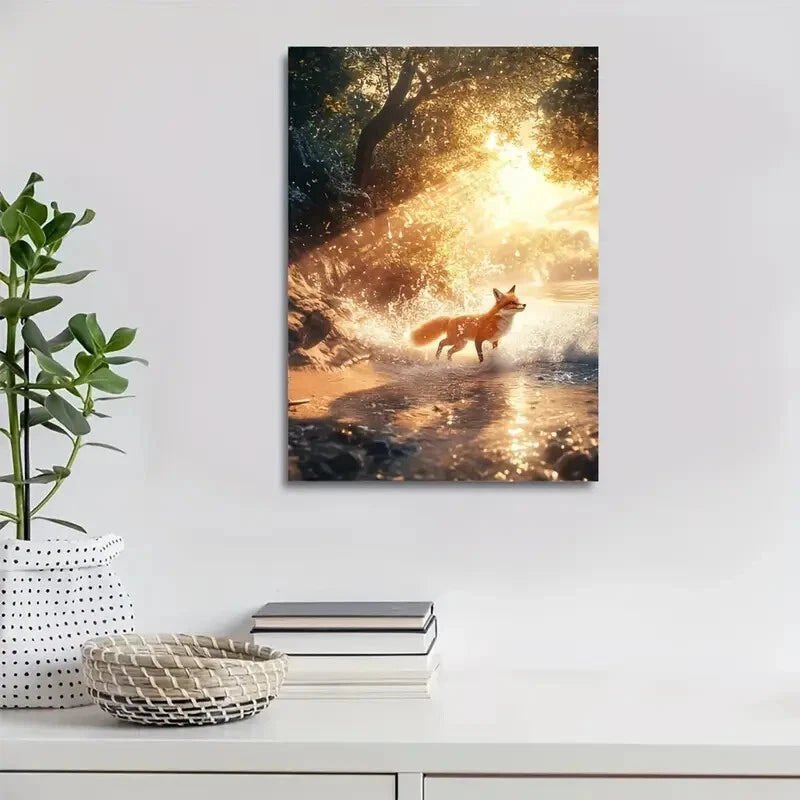 Dreamlike Fox Splashing in Water Scene Painting 40x60cm Metal Print Ready to Hang