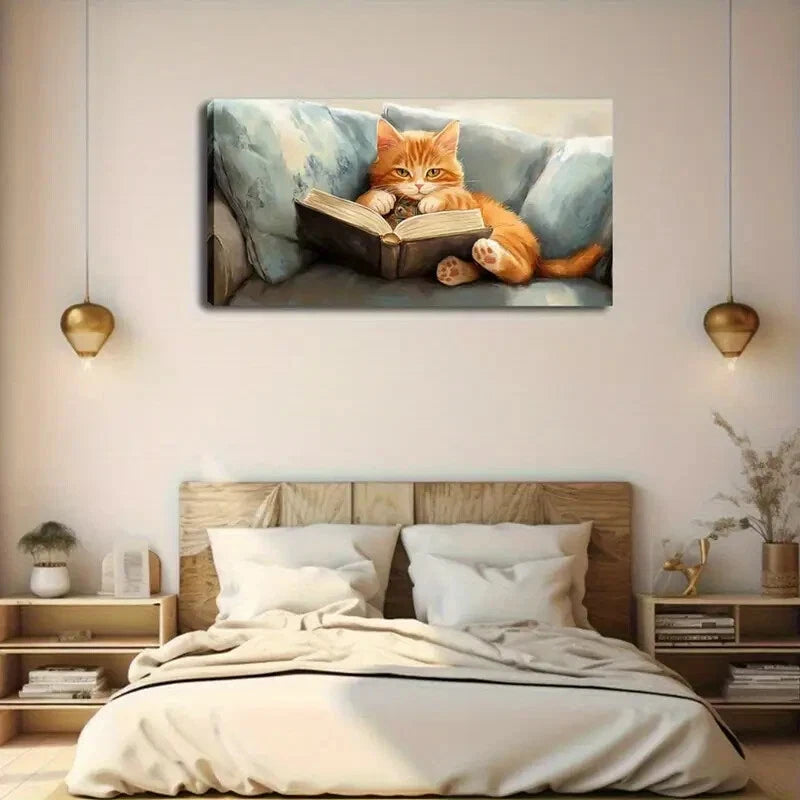 Orange Cat On Book Abstract Wall Art Canvas Office Home Room Framed 120x60cm - Bella Home Decor
